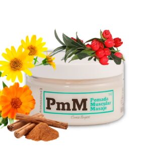 Pomada para masaje muscular con aceites esenciales de canela, caléndula, pino, mirra, Winter Green, entre otros. Envase 100 gr